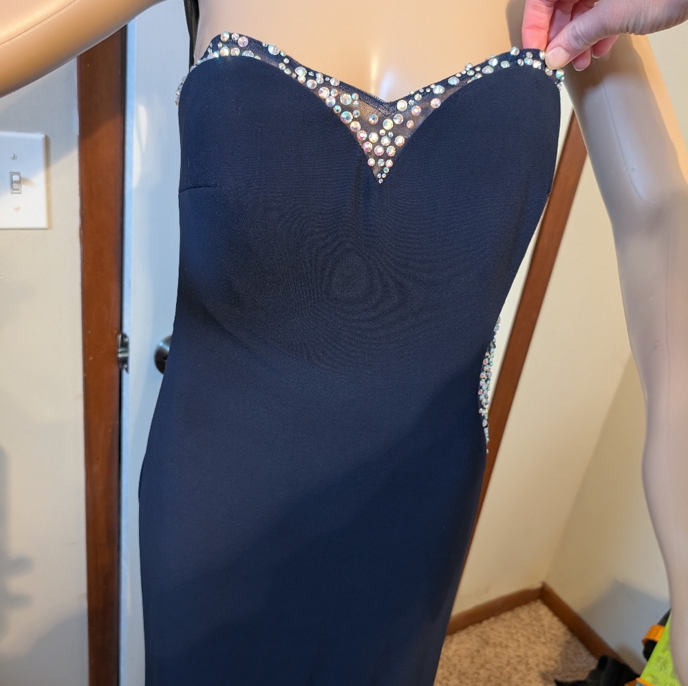 Milano Elegant Navy Strapless Dress with Beaded Details & Leg Slit Front Size 8